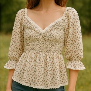BiBi Floral Smocked Peplum Blouse XL White Cream Lace Trim Cottagecore